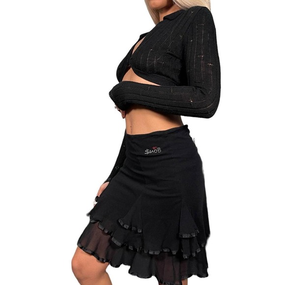 Vintage 2000s Black Mesh Skirt with Ruffle (XS-S) Made in Italy Festival Party - Picture 6 of 8